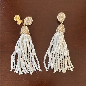 Elegant Gold and White Beaded Tassel Earrings